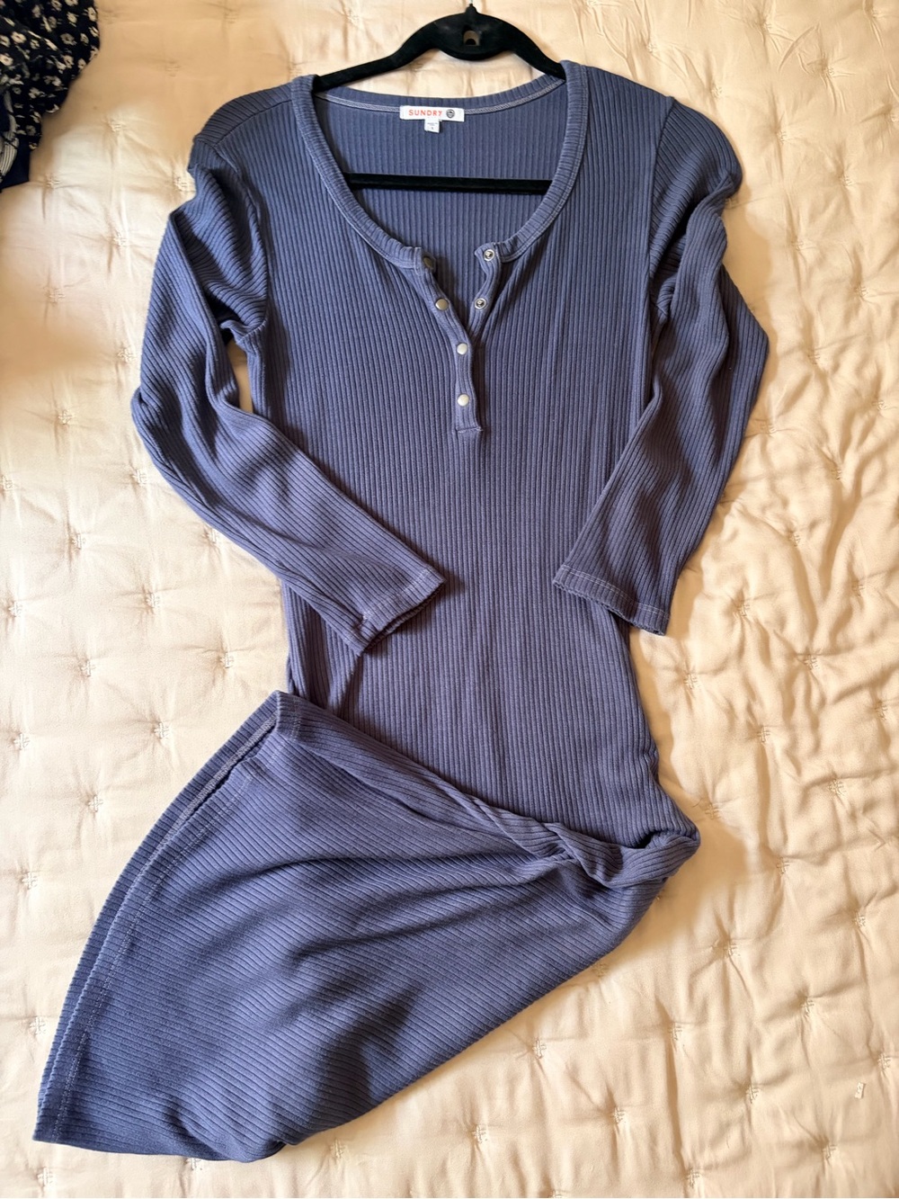 Sundry Ribbed Long-Sleeve Henley Dress- Slate Blue